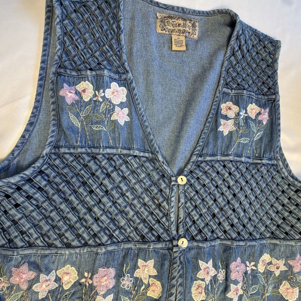 Vtg Tantrum Blues Floral Jean Vest LP Cottagecore Coastal Grandma Boho Lattice - Picture 3 of 11